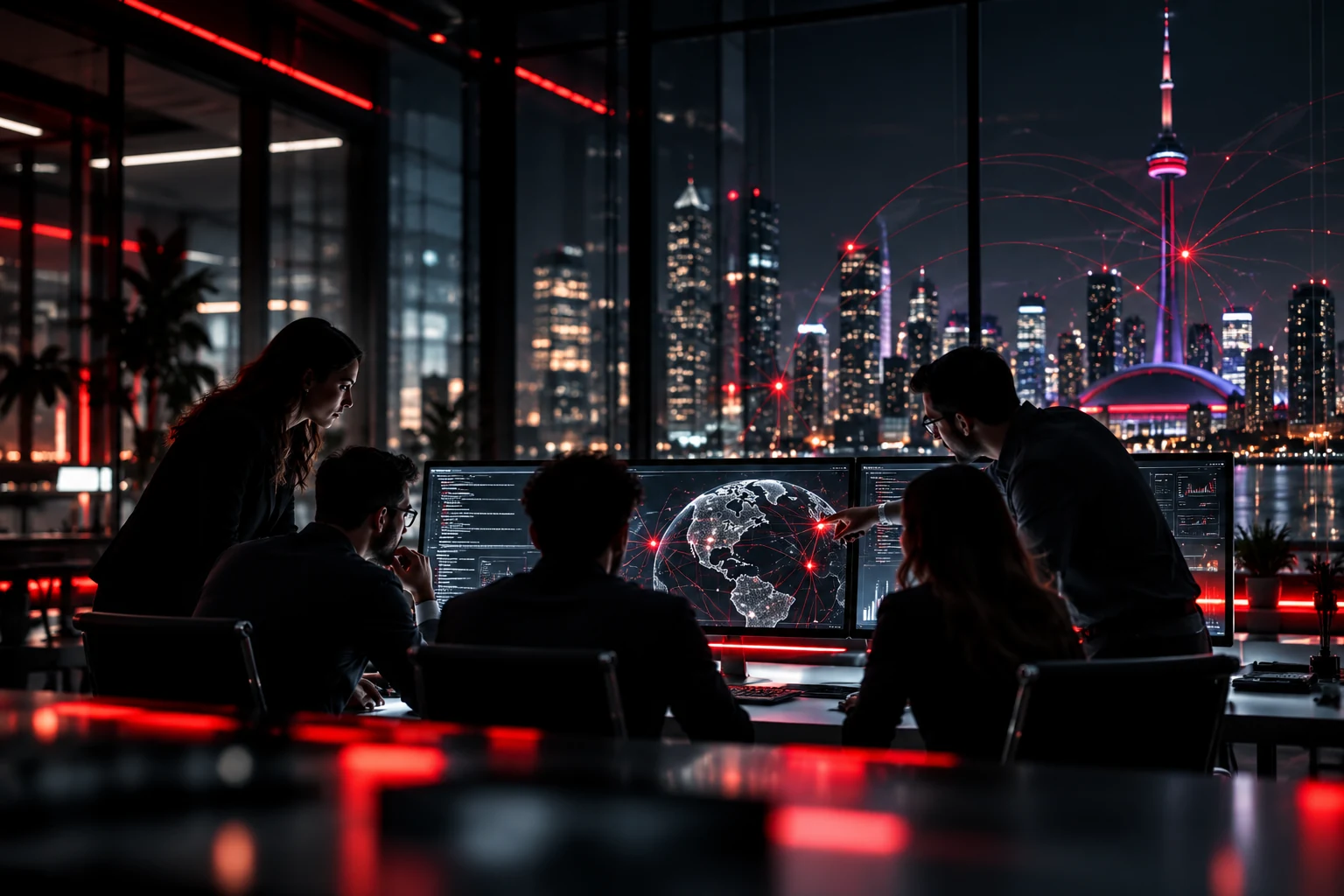 Technology team collaborating in a modern command center overlooking Toronto at night.